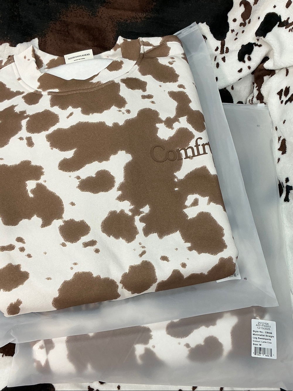 Cow Print Crewneck Sweatshirt Set w/Straight leg Pants  - Brown & White
